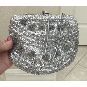 Vintage Hoag Silver Sequin Beaded Evening Bag Clutch Handmade Taiwan Kiss Lock